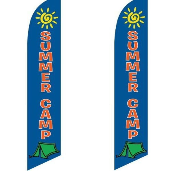 2 (two) Pack Tall Swooper Flags SUMMER CAMP Blue Red with Sun & Tent Pics