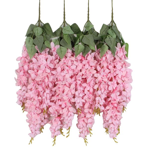 Duovlo Silk Wisteria Flower Artificial 2.13 Feet Hanging Wisteria Vine Fake Flower Bush String Home Party Wedding Decoration,Pack of 4 (Pink)