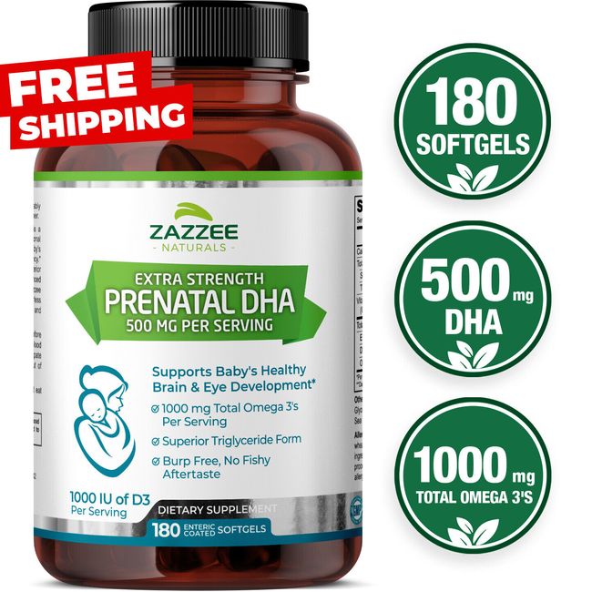 Zazzee Extra Strength Prenatal DHA, 500 mg, 180 Enteric Coated Softgels, Vegan