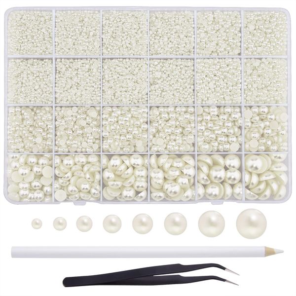 Hapeper 11330 Pieces Artificial Half Round Pearls, Flat Back Pearl Beads with Rhinestone Picker Pen and Tweezers for Nail Dress Shoe Makeup Wedding Phone (Beige)