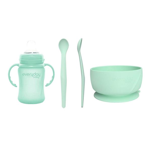 Everyday Baby Drinking and Eating Set I, From 4 Months, 1 Glass sippy Cup (150 ml), 1 Silicone Bowl, 2 Silicone Spoons, Mint green, 4-Part, 30 820 0301 01