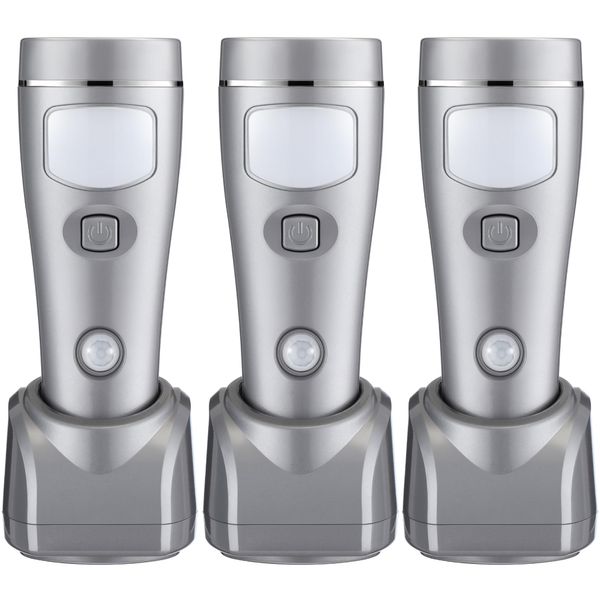 Enhon 4 in 1 LED Rechargeable Plug in Flashlights, 3 Pack LED Emergency Lights for Home Power Failure, Plug in Power Outage Light, Power Failure Light with Motion Detection (Silver)