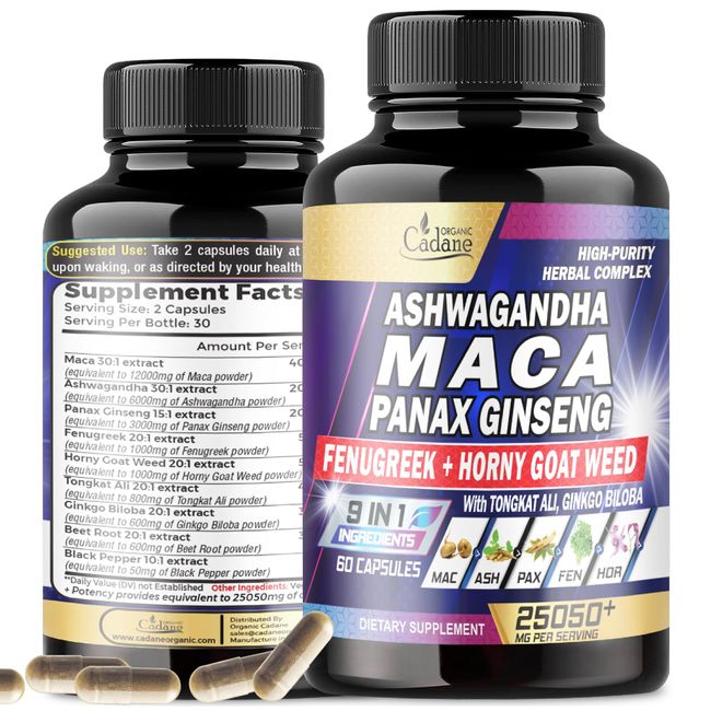 Maca Root 12000mg Horny Goat Weed 1000mg Tongkat Ali 800mg Complex - Energy Production, Strength, Mood & Immunity Support - Combined Fenugreek, Ashwagandha Root & More - 60 Veggie Capsules