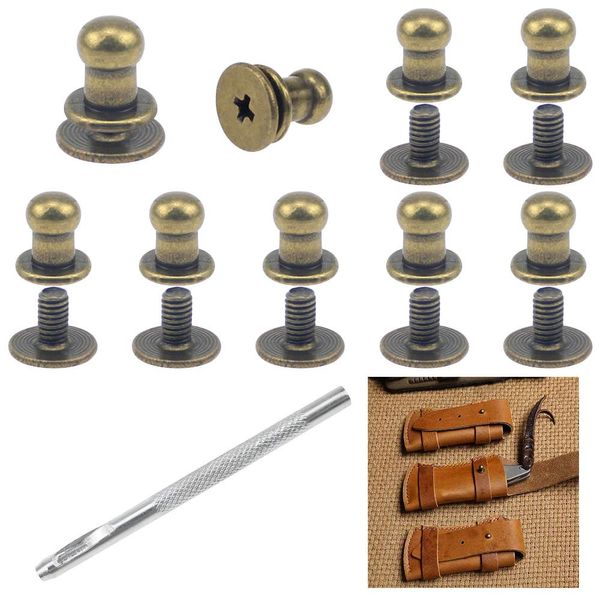 SRunDe 60 Sets 5mm Solid Brass Round Head Stud Screw Rivets Sam Browne Studs Leather Chicago Screws Rivets Round Head Button Stud Screws with Hole Puncher Post Fastener for DIY Repair Leather Craft