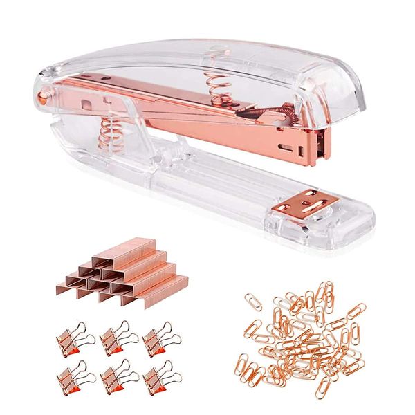 Acrylic Desktop Stapler with 1000 26/6 Staples, 6 Binder Clips & 50 Paper Clips, Desk Accessory Kit for Home Office School (Rose Gold)