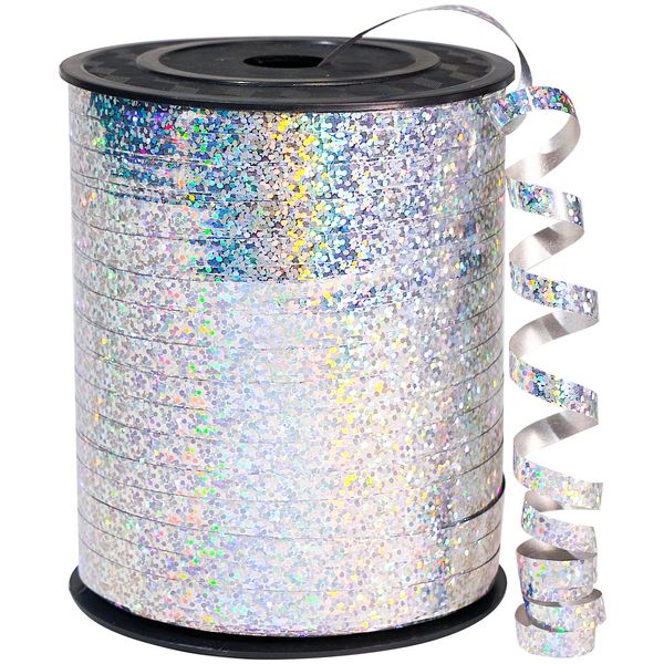 PartyWoo Silver Ribbon, 500 Yard Curling Crafts, Iridescent Crimped, Shiny Metallic Gift Wrapping, Ribbon for Balloons String, Florist Flower (1 Roll)