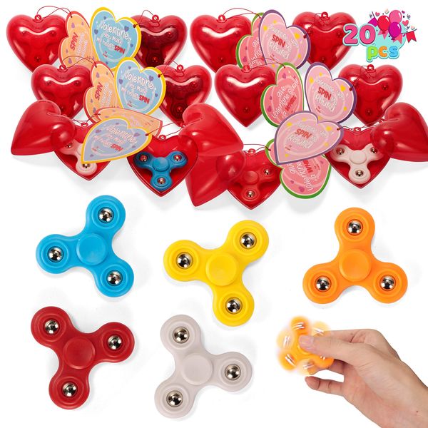 JOYIN 20 Pack Valentines Cards with Fidget Spinner and Red Prefilled Hearts, Stress Relief Hand Finger Spinner Fidget Toys for Boys Kids Valentine’s Day Party Favor, School Classroom Exchange Prizes