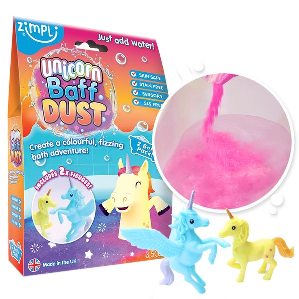 Unicorn Baff Dust 2 Bath Pack and 2 x Unicorn Figures from Zimpli Kids, Bath Soak for Children, Moisturising Dry Skin, Pocket Money Bath Toy, Fizzing Bath Bomb Powder, Vegan Friendly & Cruelty Free