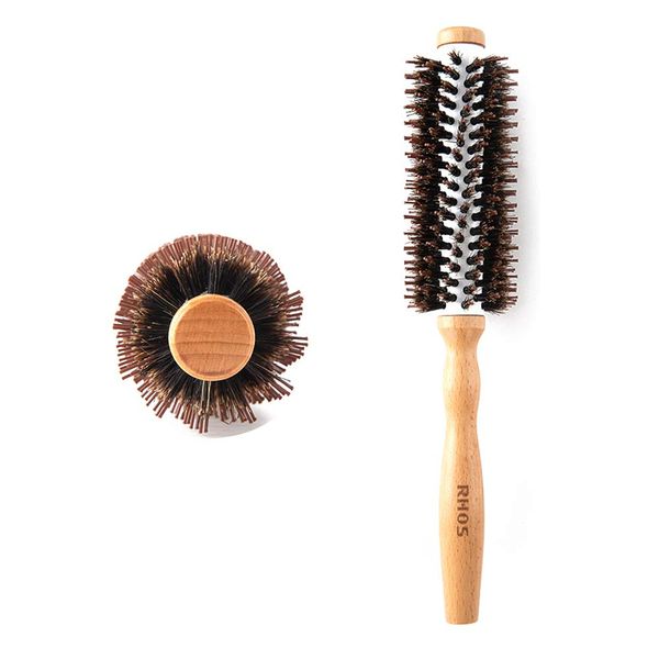 RHOS Roll Brush, Hair Brush, Blow Brush, Natural Pig Hair, Roll, Comby, Wood, Glossy, Stylist, Unisex, Hair Dryer, Hair Brush, Roll, Heat Resistant (Twill Pattern)