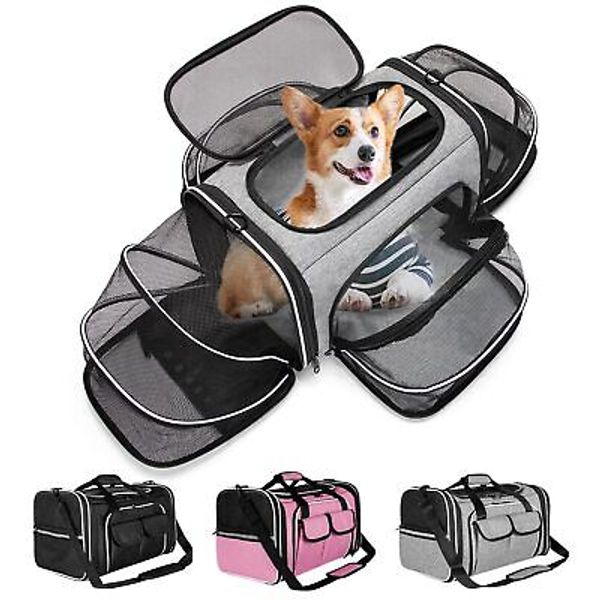 Soft Sided Pet Carrier Airline Approved, 4 Sides Expandable Collapsible Cat C...