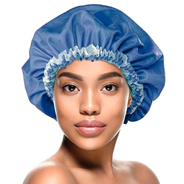 FLOWER PATTERN SATIN BONNET SLEEP CAP - ROYAL BLUE