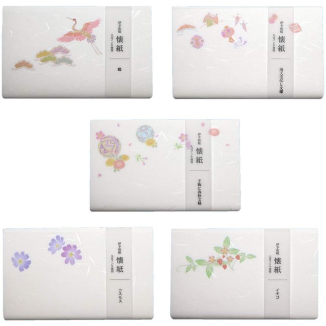 Kamiiso Japanese Washi Kaishi Kimono Beauty Kaishi, 5 Piece Set (Crane, Temari in Spring and Autumn, South Tenho, Cosmos, Strawberry) Set, 20 Sheets x 5