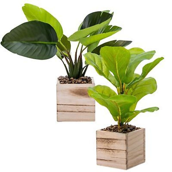 2 Pack Artificial Potted Plants 16" with Wooden Pot for Home Office Room Deco...