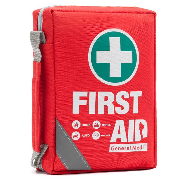 General Medi First Aid Kit - Small Compact First Aid Kit Bag(175 Piece) - Reflective Bag Design- Includes 2 x Eyewash, Instant Cold Pack, Emergency Blanket for Travel, Home, Office, Vehicle,Camping