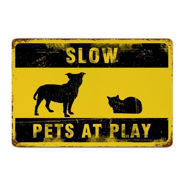 Funlucy Warning Sign Slow Pets at Play Sign,Dog And Cat at Play Rustic Signs 8x12 Inch Waterproof Aluminum Tin Signs for Indoor & Outdoor Road Community Street Home Decoration