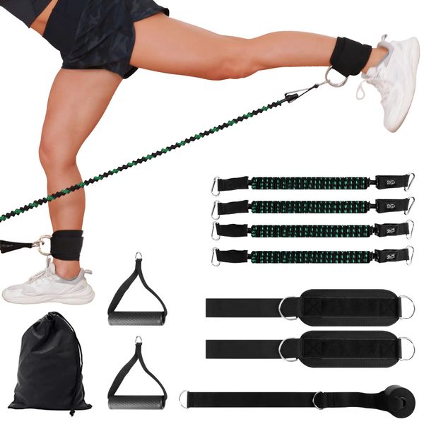 KRIXAM Ankle Resistance Bands with Cuffs, Glute Kickback Ankle Strap Set for Kickbacks/Hip/Glute Home Workout Equipment (Black&Green)