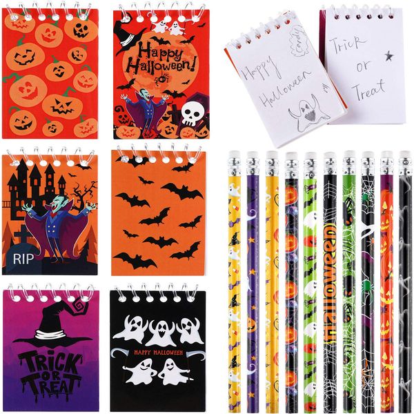 Outus 40 Pieces Halloween Pencils Mini Spiral Notebook Halloween Notepads Pumpkin Spiderweb Bat Vampire Pencils for Kids Trick or Treat Party Gift