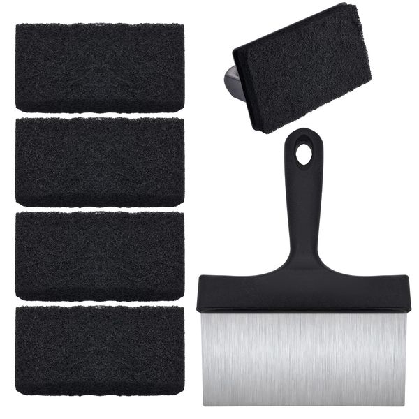 7pcs Griddle Cleaning Kit for Flat Top, Stainless Steel Grill Pan Scraper Scrubber Scouring Pads with Handle Versatility Grill Cleaning Tool Accessories for Blackstone Removing Greasy Stain Residues