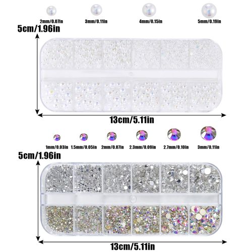 Nail Rhinestones and Pearls, 2 Boxes 3D Nail Charms Flat Back Clear AB Crystal Nail Art Rhinestones Gems White Nail Pearls for Nail Art Decoration DIY Crafts (G)