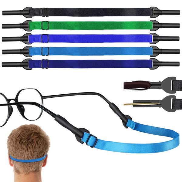 ANYGIFT Glasses Strap,5PCS Eyeglasses Strap Adjustable Sunglasses Strap for Men Women, Anti-Slip Kids Glasses Strap Sports Eye Glasses Holder Straps(8.7-22inch, Black/Deep Blue/Green/Blue/Light Blue)