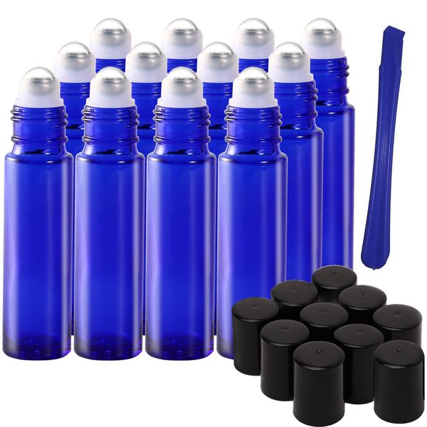 12Pcs, 10ml Blue Glass Roller on Bottles with Stainless Steel Roller Ball - Refillable Essential Oil Roller Bottles with Lid Opener Pry Tool & 1 Transfer Pipette, Great for Aromatherapy, Perfumes and