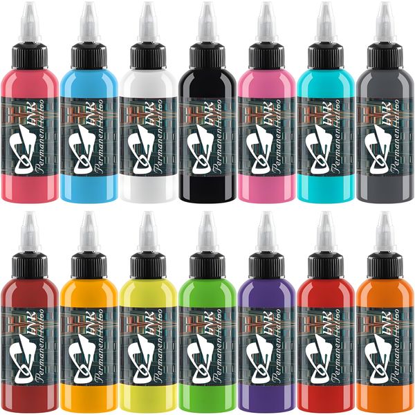 Professional 14 Bottle Tattoo Ink 1/2 oz (30ml) Tattoo Ink Supply Pure Pigment Eternal Micro Sculpture Makeup Cosmetic Body Painting Embroidery Art Supplies Tattoo INK14