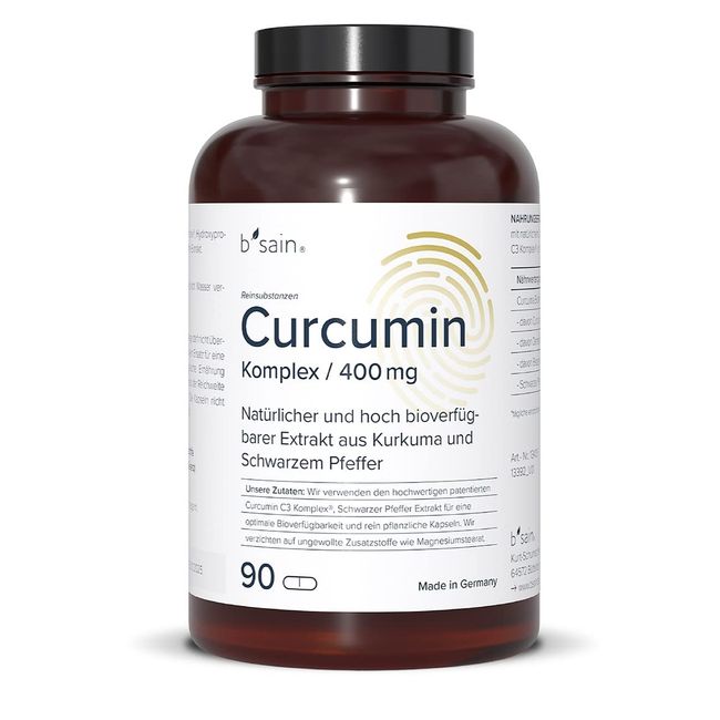 b'sain Curcumin-Triplex³ Kapseln 400 mg bestehend aus 389,5 mg Curcuminoiden. 90 vegane Kapseln. Premium Rohstoffe mit Patent