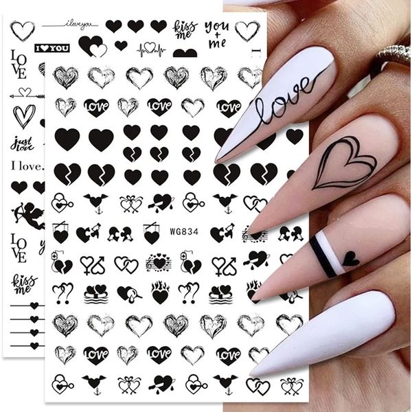 8 Sheets Valentine's Day Nail Art Stickers Decals Self-Adhesive Pegatinas Uñas Black Heart Lover Nail Supplies Nail Art Design Decoration Accessories