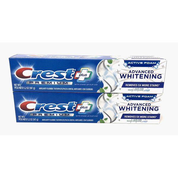 Crest Premium Plus Advanced Whitening Toothpaste with Fluoride, Clean Mint, 5.2 oz (Pack of 2)