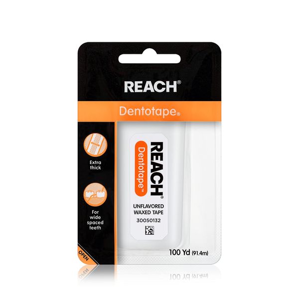 Reach Dentotape Waxed Dental Floss | Effective Plaque Removal, Extra Wide Cleaning Surface | Shred Resistance & Tension, Slides Smoothly & Easily, PFAS FREE | Unflavored, 100 Yards, 1 Pack