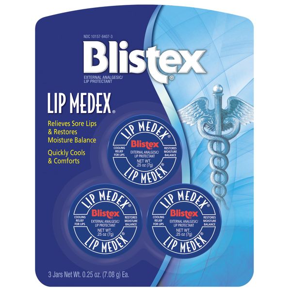 Lip Medex 0.25 oz. 3-count Medicated Lip Balm & Cooling Lip Care, Lip Moisturizer for Dry Cracked Lips, Fast Relief for Sore Lips