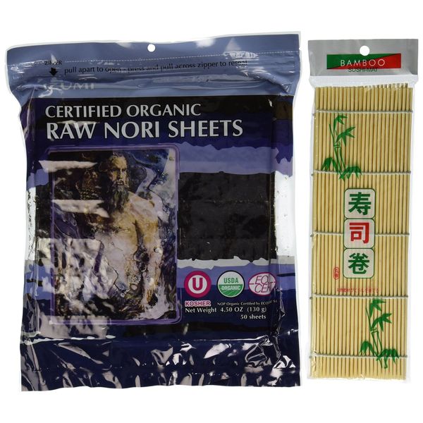 Raw Organic Nori Sheets 50 qty Pack + Free Sushi Roller Mat! - Certified Vegan,