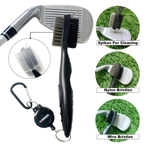 GEEORZO Golf Accessories, Retractable Golf Club Brush, Foldable Golf Divot Repair Tool, Microfiber Golf Towel for Golf Bags with Clip (Black)