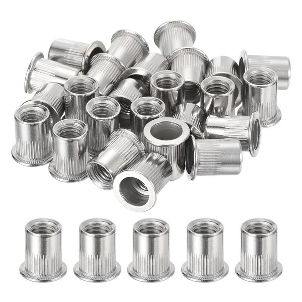 uxcell 25Pcs Rivet Nuts Flat Head, 3/8" Stainless Steel 304 Threaded Insert Nuts Knurled Body