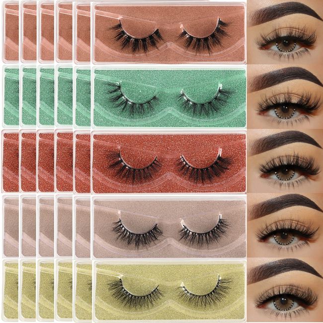 APCYUST Lashes Bulk 30 Pair Wholesale Short Natural Lash Fluffy Mink Eyelashes 15mm Faux Mink False Lash 16mm Cat Eye Fake Eyelash Soft 14mm Wispy Strip Eye Lashes with Individual Portable Lash Pack