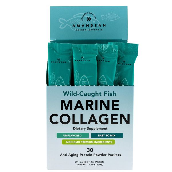 AMANDEAN Marine Collagen Peptides Powder Stick Packs. Wild-Caught Fish. 30 Single Use Individual Packets. Hair, Skin & Nails. Non-GMO, Zero Carbs, Unflavored, High Bioavailability.