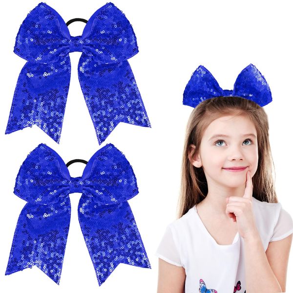 2 Packs Jumbo Cheerleading Bow 8 Inch Cheer Hair Bows Large Cheerleading Hair Bows with Ponytail Holder for Teen Girls Softball Cheerleader Outfit Uniform (Sequin Blue)