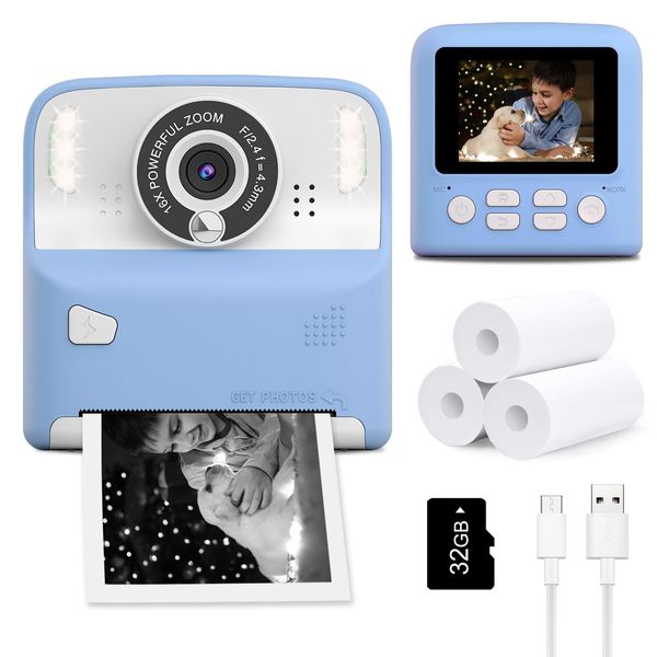 Instant Print Camera for Kids, Christmas Birthday Gifts for Age 3-12, 2.4 Inch Screen Children Selfie Digital Camera, Toddlers Portable Travel Toys for 3 4 5 6 7 8 9 10 Year Old Girls Boys (Blue)