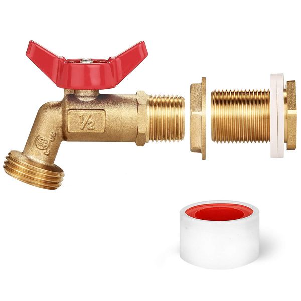 WADEO Rain Barrel Spigot, Brass Rain Barrel Quarter Turn Ball Valve Spigot with Bulkhead Fitting-Red