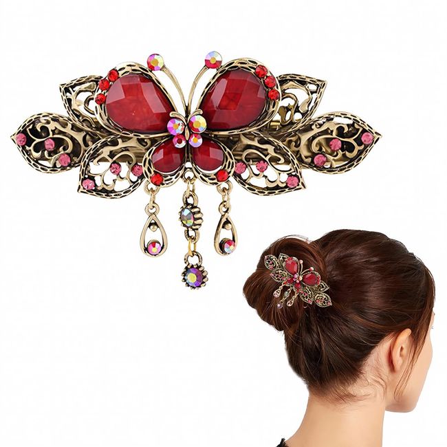 1 Stück Schmetterling Haarspangen Vintage Französisch Schmetterling Stil Strass Barrettes Metall Frühling Haarnadel Krallen Haarspangen Zubehör Für Frauen Mädchen Teenager (Rot)