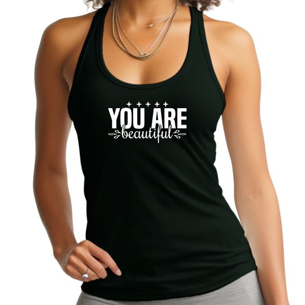 Womens Fitness Tank Top Graphic T-shirt you are Beautiful Inspiration - Black / M