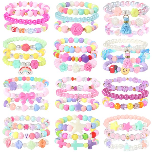 PinkSeep Beaded Bracelets for Kids- 12 Pack 36 PC, Little Girl Plastic Bracelets, Flower Butterfly Pink Bracelet, Party Favor