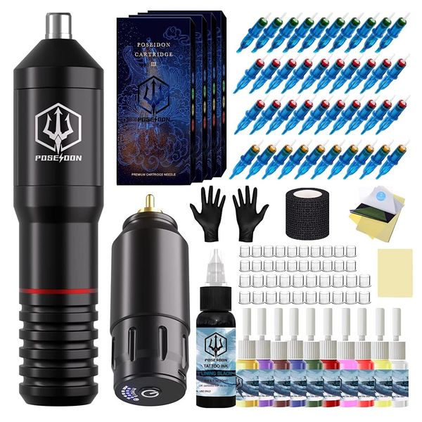 PROFESSIONAL POSEIDON Wireless Tattoo Machine Kit Rotary Cartridges Pen Needles