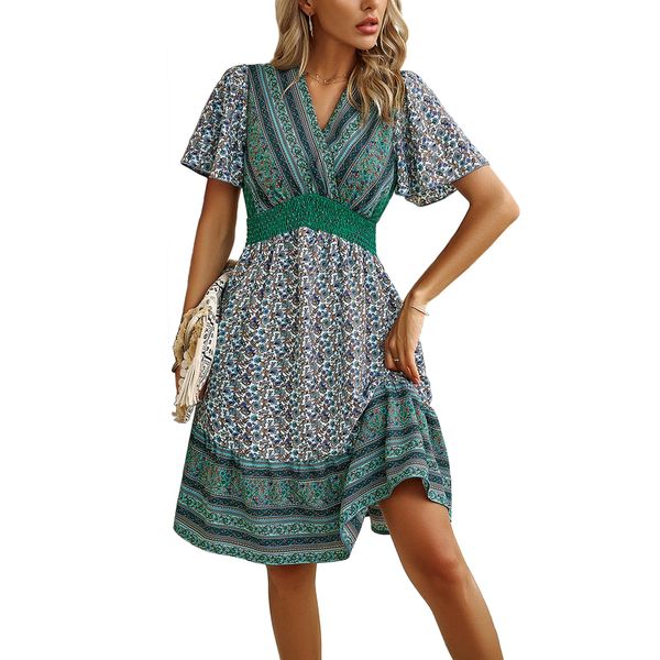 AILLOSA Women's Summer Floral Boho Dress V Neck Short Sleeve A Line Casual Midi Dress