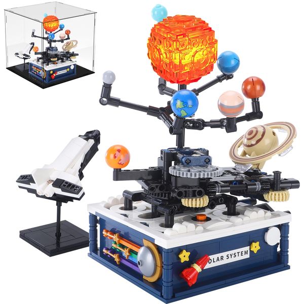 CAXIMSY Solar System Model Building Blocks Sets with Acrylic Display Box，Technic Space Earth Moon and Sun Orrery Educational Planet Toys for Science Experiments Learning Kits 775 Pieces