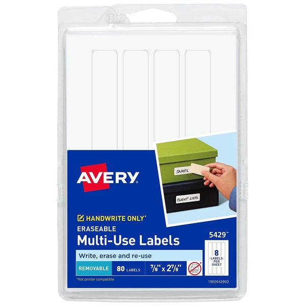 Avery 5429 White Erasable ID Labels, 7/8 x 2