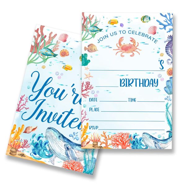 EUDOSI Under the Sea Birthday Party Invitations Supplies Fill-In Set of 20 with Envelopes Whale Crab Sea Life Birthday Party Invites Cards, Double Sided