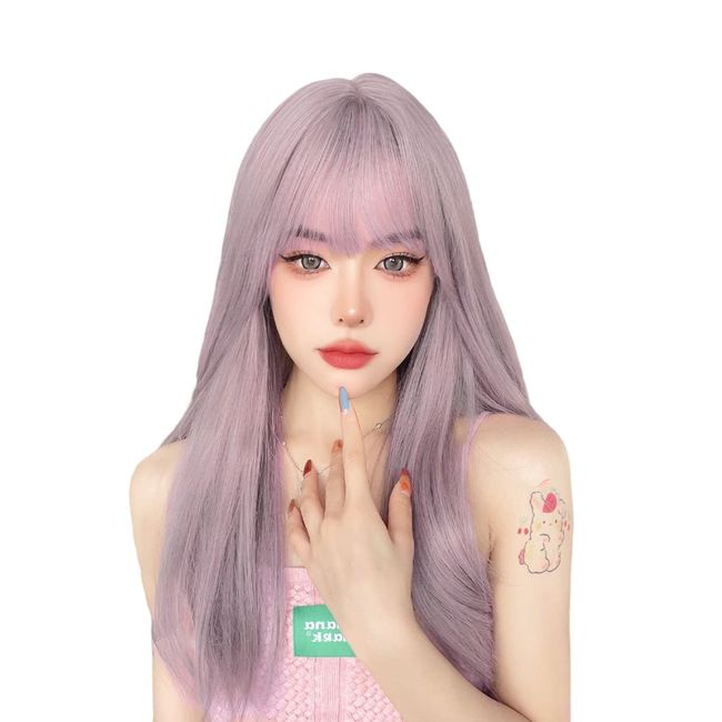 PRETOLE Wig, Long, Straight, Full Wig, Black Hair, Women's, Wig, Face Slimming, Natural, Harajuku Style, Lightweight, Heat Resistant, High Temperature, Cute, Stylish, Fashion, Daily Use, Cross-Dressing, Cosplay, With Bangs, Net and Hairpin Included, Pink