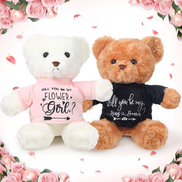 Hungdao 2 Pcs Wedding Flower Girl Proposal Gifts 11.8 Inch Ring Boy Plush Will You Be My Flower Girl Bear Stuffed Animal from Bride and Groom for Wedding Proposal Anniversary Bridal Party