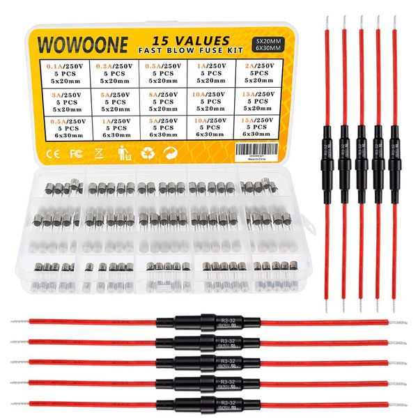 75pc 250V 5x20/6x30mm Quick Blow Glass Tube Fuse Assorted Kit +10pc 5x20/6x30mm Fuse Holder Inline Screw Type with 18 AWG Wire, 5x20, 0.1A 0.2A 0.5A 1A 2A 3A 5A 8A 10A 15A, 6x30, 0.5A 1A 5A 10A 15A